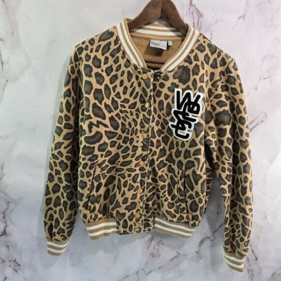 Wesc Jacket Womens Small Brown Sweatshirt Bomber Leopard Cheetah Varsity - Picture 1 of 10
